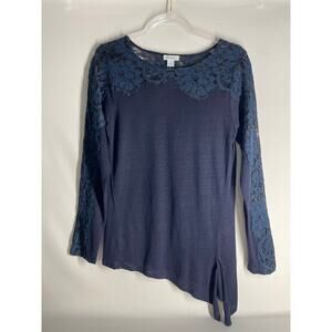 Sundance Navy Blue Linen Anabella Lace Top Long Sleeve Blouse Size Medium